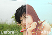 Photoshop给河边美女图片加上柔和的韩系淡橙色
