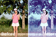 Photoshop给外景美女图片加上流行的韩系粉蓝色