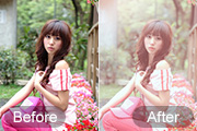 Photoshop给花坛边美女加上小清新的淡调红褐色