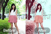 Photoshop给树下的美女加上甜美的粉调青红色