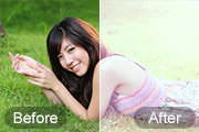 Photoshop给绿草上的美女加上唯美的黄紫色