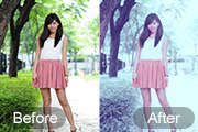 Photoshop给绿树边的美女加上甜美的淡调青蓝色