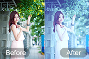 Photoshop给外景美女加上柔美的冷调青蓝色