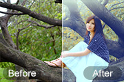 Photoshop给坐树枝上的美女加上小清新的蓝黄色
