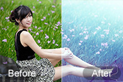 Photoshop给花草中的美女加上唯美的青蓝色
