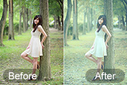 Photoshop给树林美女图片加上柔和的青黄色